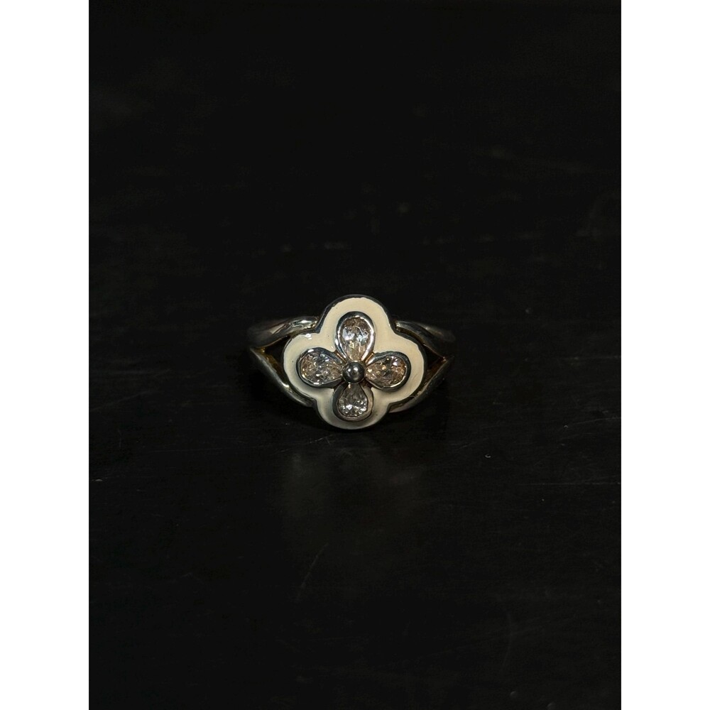 Sterling Silver 925 White Enamel CZ Clover Ring Sz 10